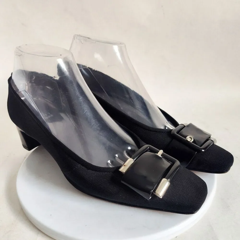 Stuart Weitzman Black Leather Sole Low Blocks Heels Size‎ 6 M Mesh Pumps Buckles